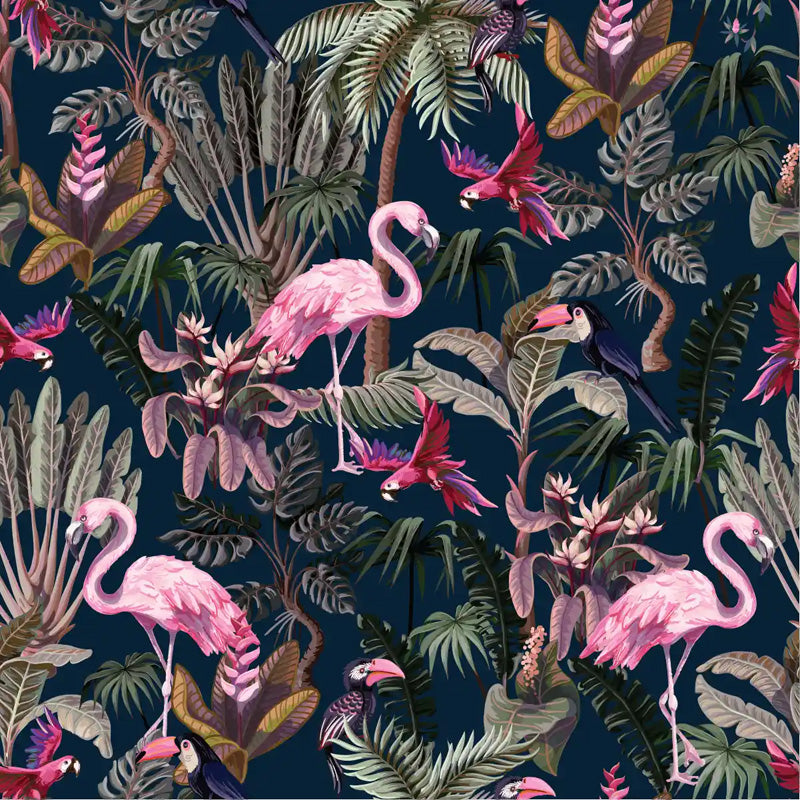 Tropical wallpaper pattern with pink flamingos, parrots, and foliage on a dark blue background