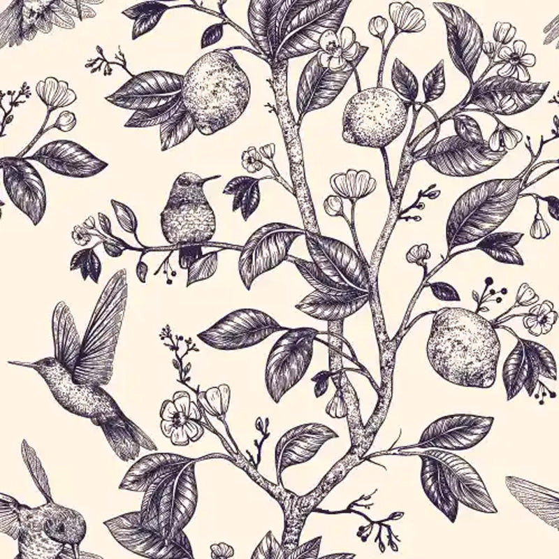 Wallpaper design birds and lemon trees on a beige background