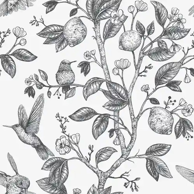 Black and white wallpaper pattern of birds, flowers, and leaves on a white background