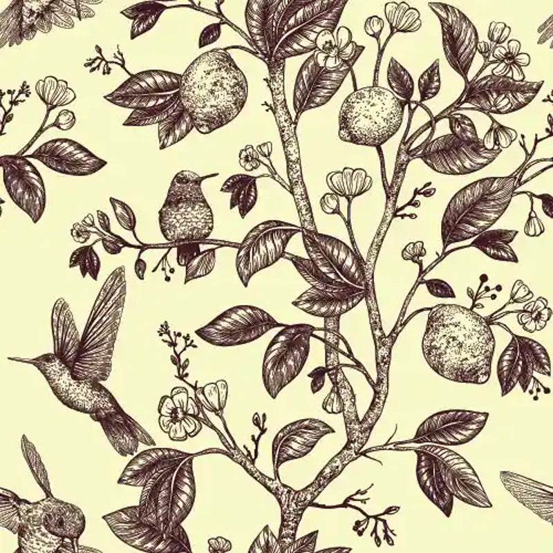 Floral wallpaper design of hummingbirds and branches with leaves and flowers on a light yellow background