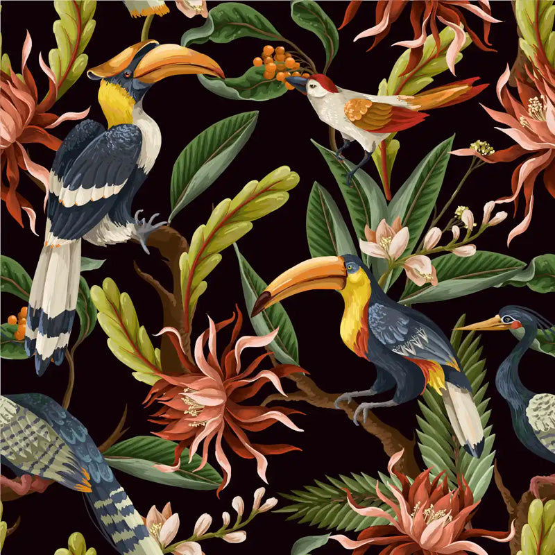 Tropical birds wallpaper design on a black background