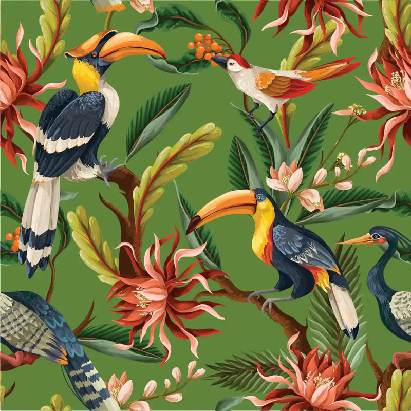 Tropical wallpaper pattern with toucans and flowers on a green background
