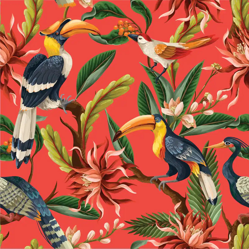Tropical birds wallpaper design on a red background