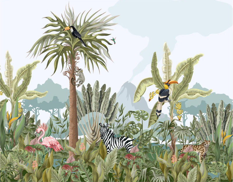 Wallpaper mural of a tropical jungle with animals and plants