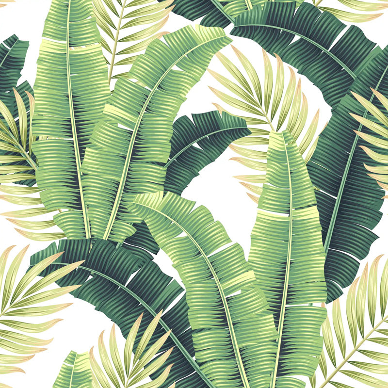 Tropical leaf wallpaper pattern with green and yellow leaves on a white background
