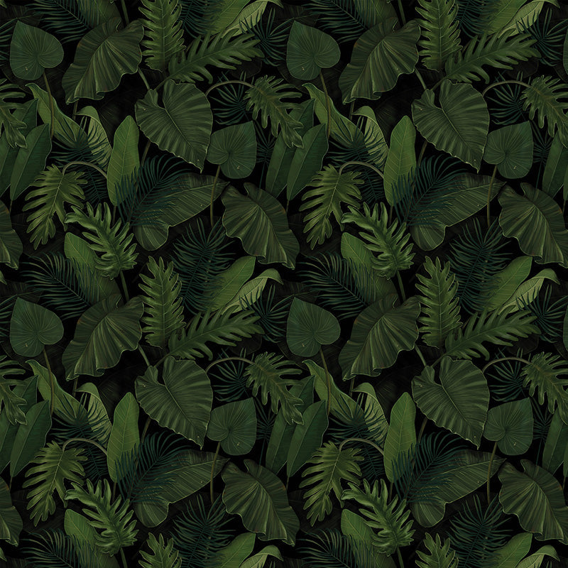Wallpaper pattern of dark green leaves on a black background