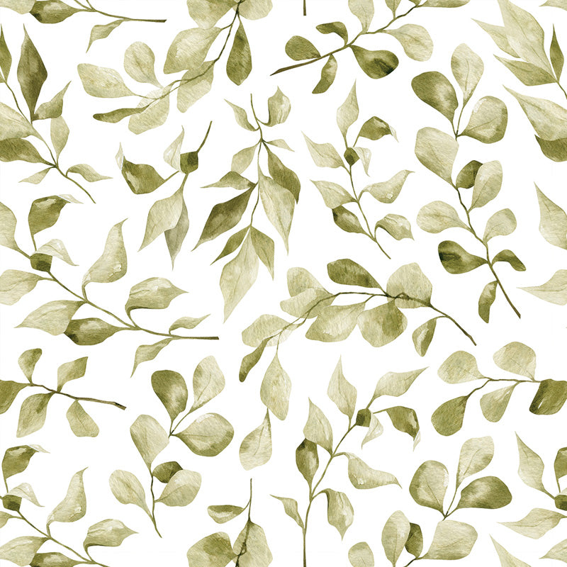 Wallpaper pattern of green leaves on a white background