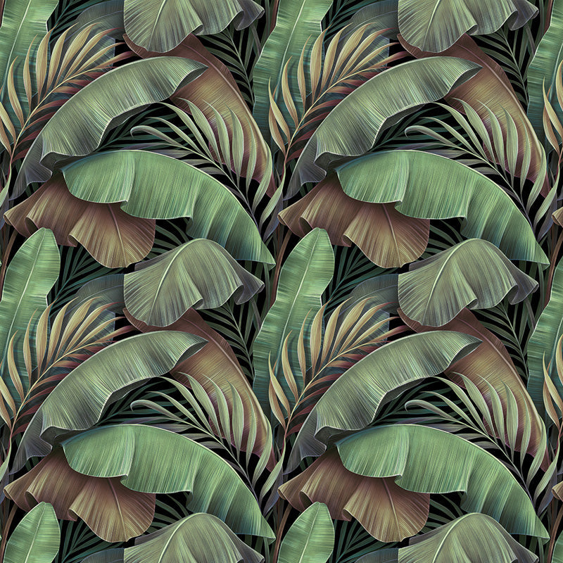 Wallpaper pattern of green and brown leaves on a matching background