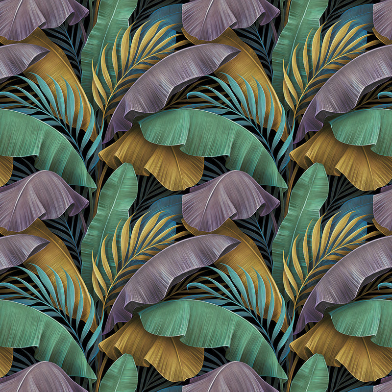 Wallpaper pattern of colorful leaves in green, purple, and yellow on a dark background
