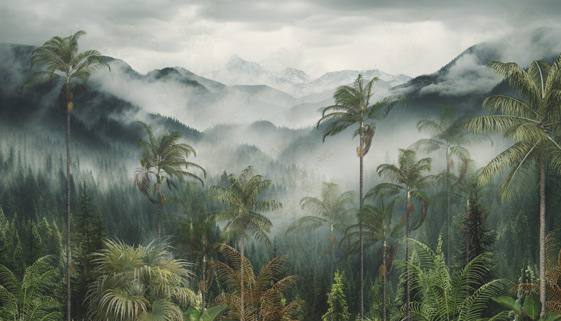 Misty Palm Highlands – Tropical Landscape Mural in Green