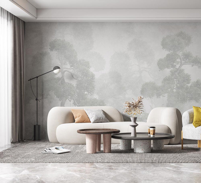 Silent Garden Fog – Botanical Mural in Soft Grey