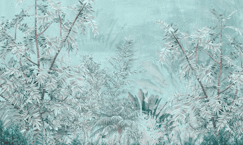 Teal Botanical Reverie – Tropical Mural in Soft Blue