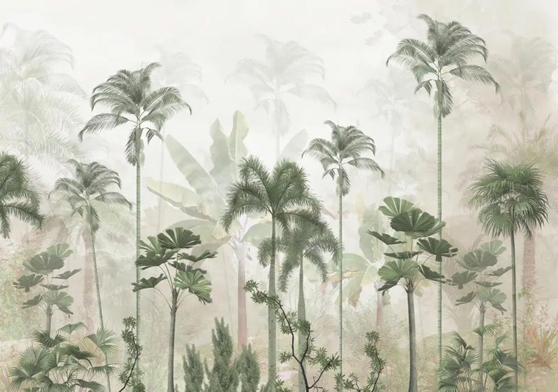 Tropical forest mural with palm trees and misty background