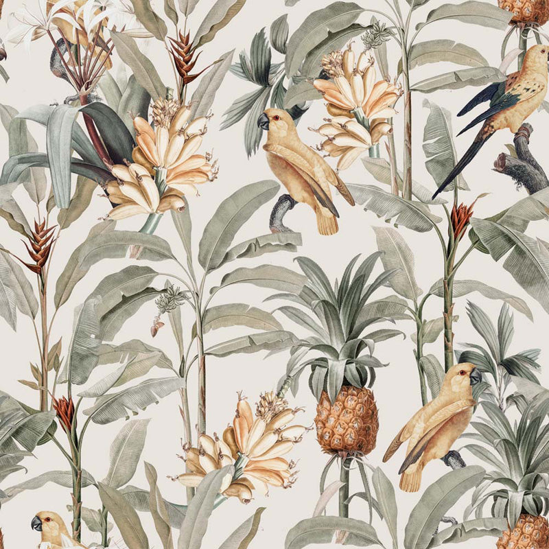 Tropical pattern with birds, flowers, and pineapples on a light background