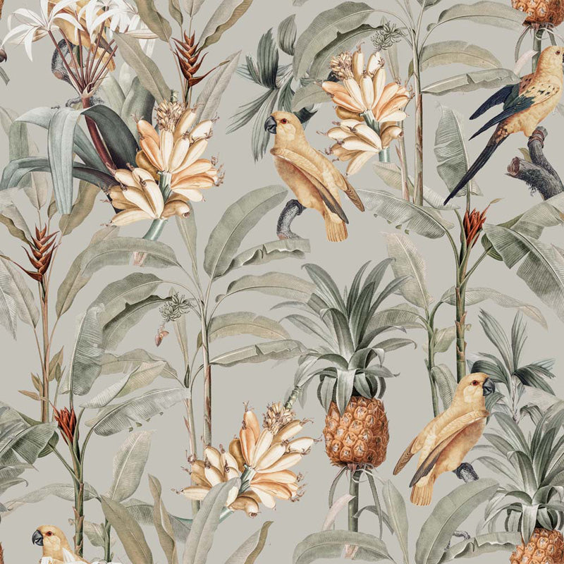Tropical australian wallpaper pattern with birds, flowers, and pineapples on a light background