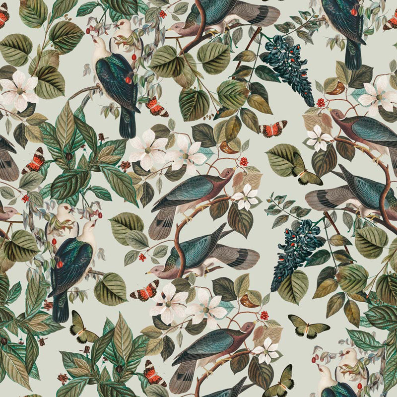 Wallpaper pattern with birds, leaves, and flowers on a light green background