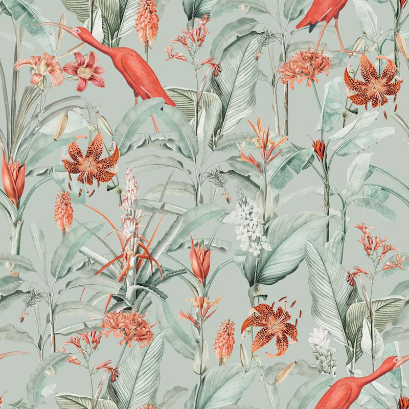 Tropical floral wallpaper pattern with red birds and green leaves on a light blue background