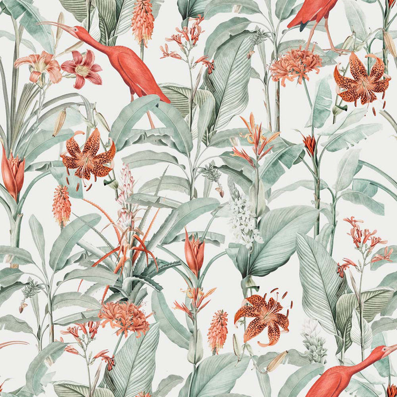 Tropical floral wallpaper pattern with red birds and green leaves on a light background