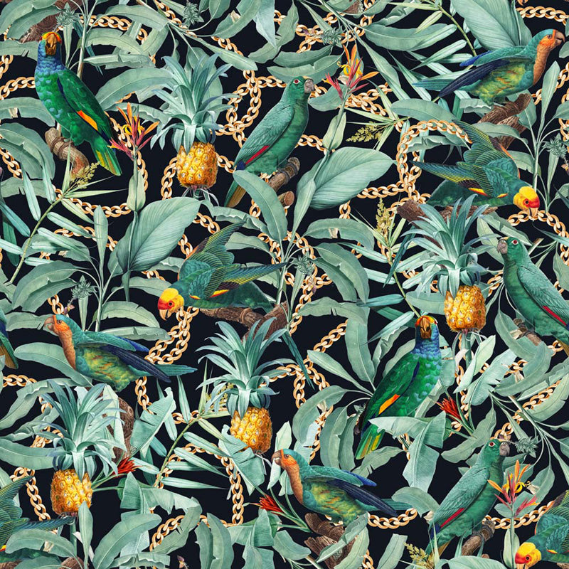 Wallpaper design of tropical birds, leaves, and pineapples with gold chains on a dark background.