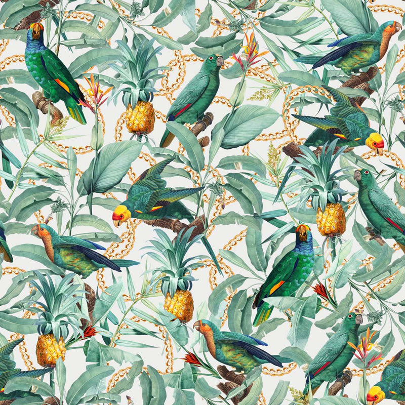 Tropical wallpaper pattern with parrots, pineapples, and leaves on a light background