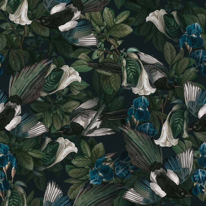 Wallpaper pattern of birds and flowers on a dark background