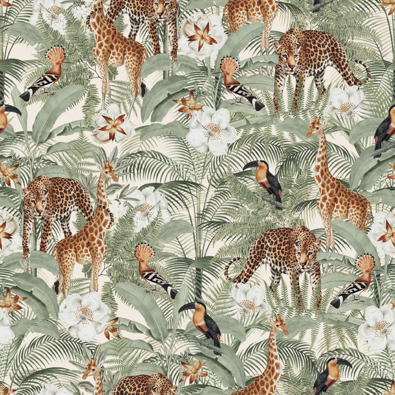 Savannah Reverie – Jungle Animals Wallpaper in Green & Neutrals