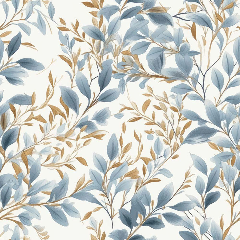 Wallpaper pattern of blue and gold leaves on a white background