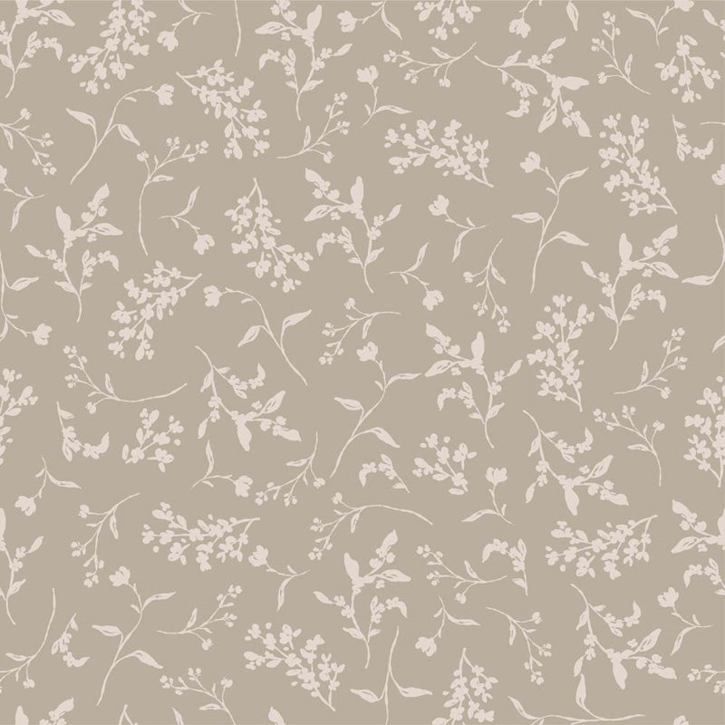 Wallpaper floral pattern with small flowers and leaves on a beige background