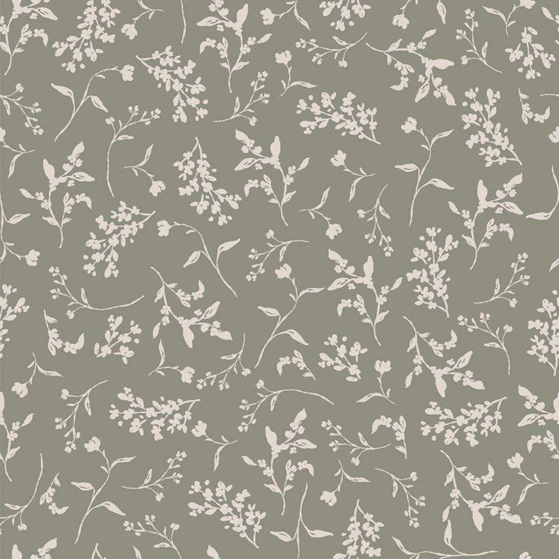 Floral wallpaper pattern with small white flowers and leaves on a green background
