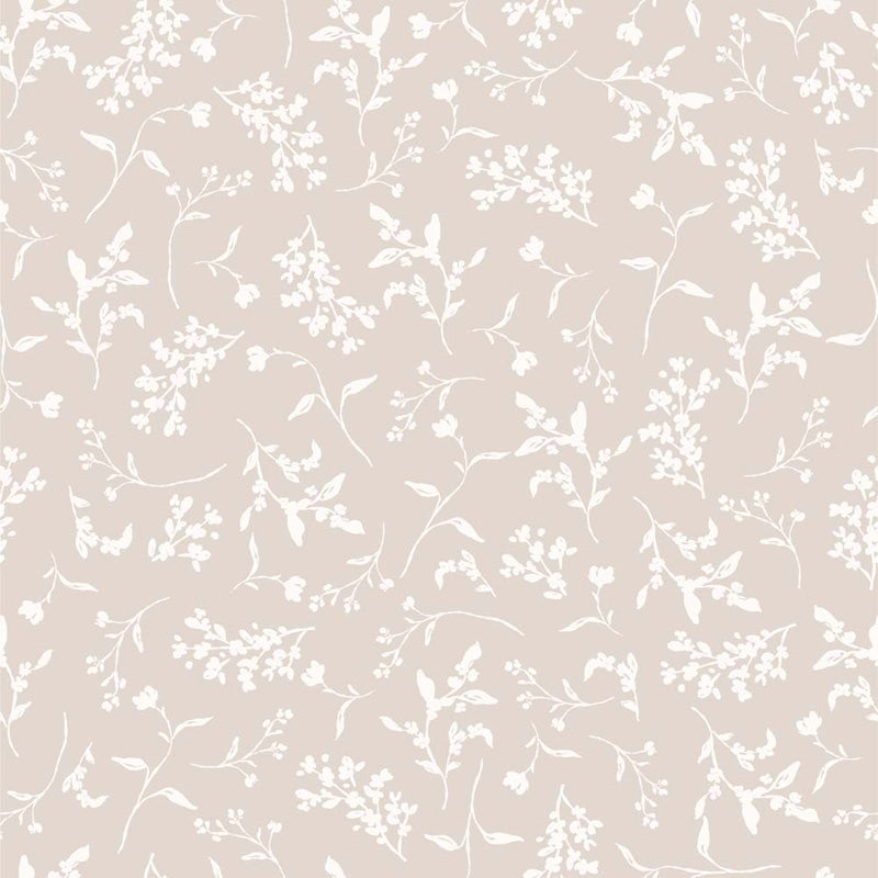 White floral wallpaper design on a beige background