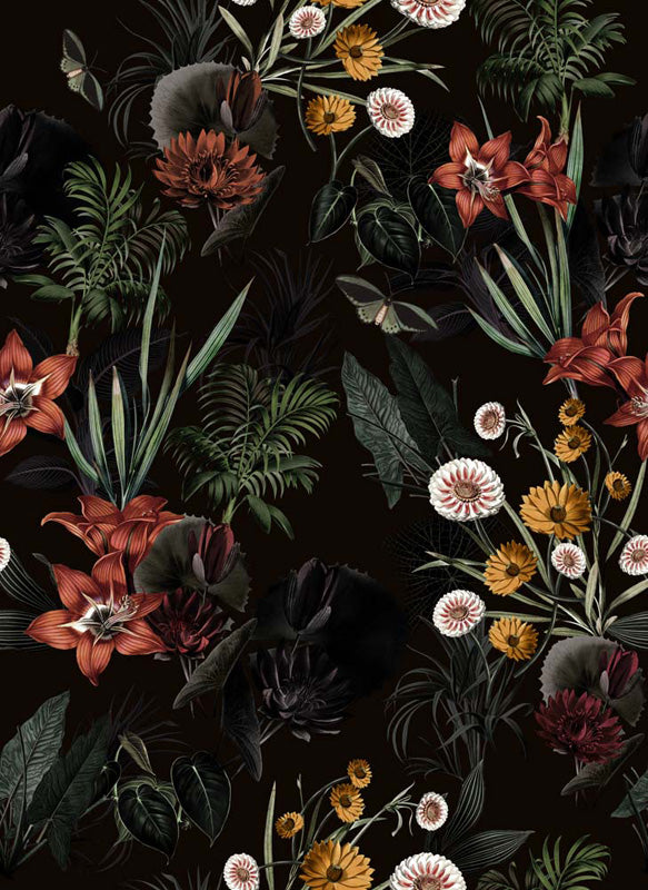 Dark floral wallpaper pattern with various flowers and leaves on a black background