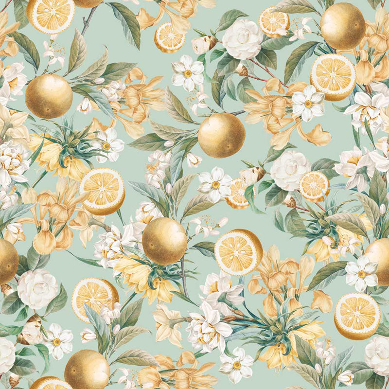 Blue wallpaper pattern, oranges, and flowers on a light blue background