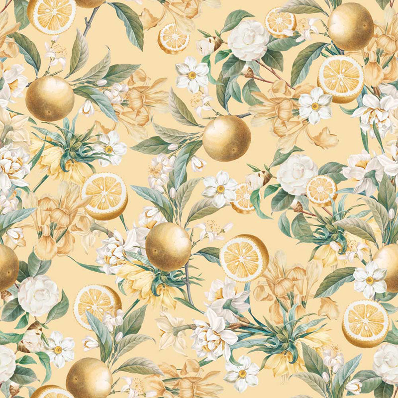 Wallpaper pattern of lemons, oranges, and white flowers on a yellow background