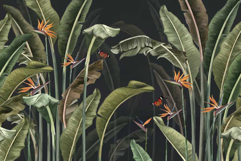 Tropical wallpaper design with large green leaves and orange flowers on a dark background
