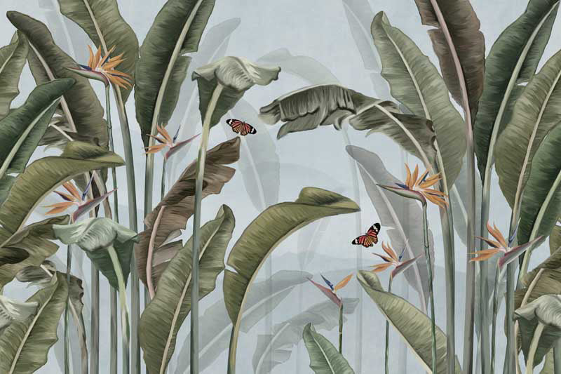 Tropical plants wallpaper mural of paradise with butterflies on a light background