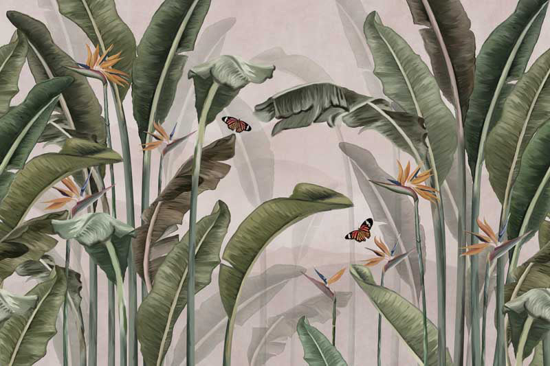 Tropical plants wall mural with birds of paradise and butterflies on a light background