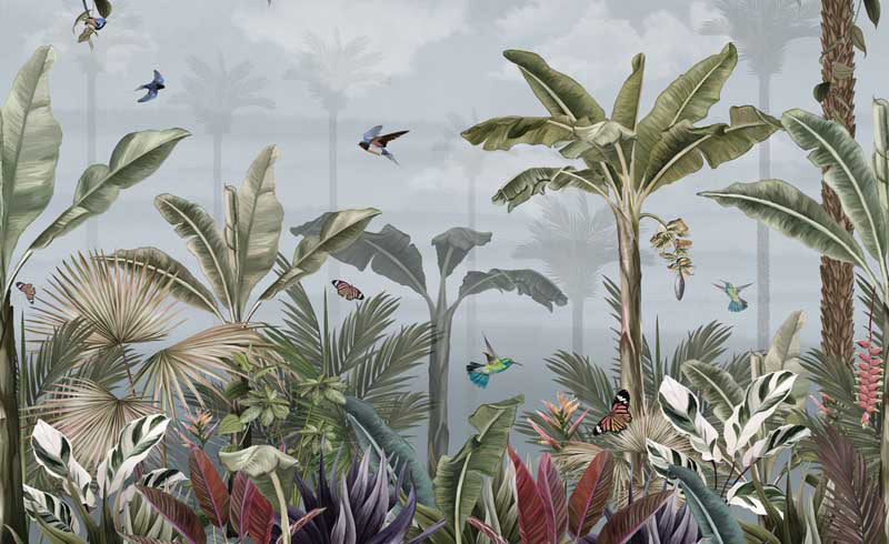 Tropical wall mural design with various plants and birds.
