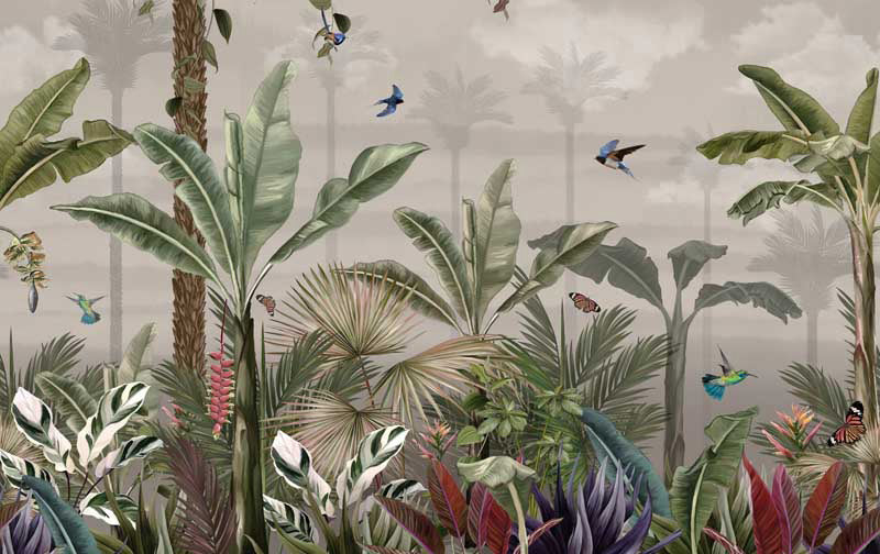 Tropical plant wallpaper with various plants and butterflies on a neutral background