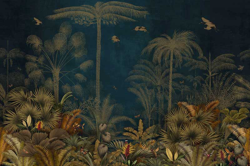 Jungle scene wallpaper with palm trees, foliage, and birds against a dark blue background