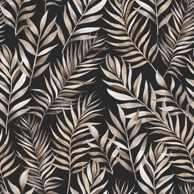 Palm leaves wallpaper in brown and beige on a black background
