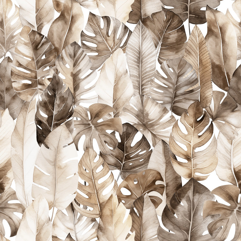 Pattern of brown and beige tropical leaves wallpaper on a white background