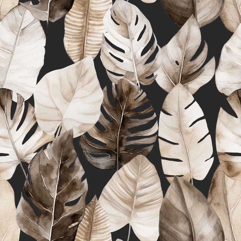 Wallpaper pattern of brown and beige leaves on a black background
