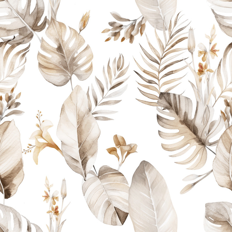 Tropical leaves wallpaper and flowers on a white background