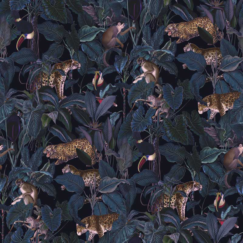 Botanical wallpaperr of leopards and monkeys in a jungle setting
