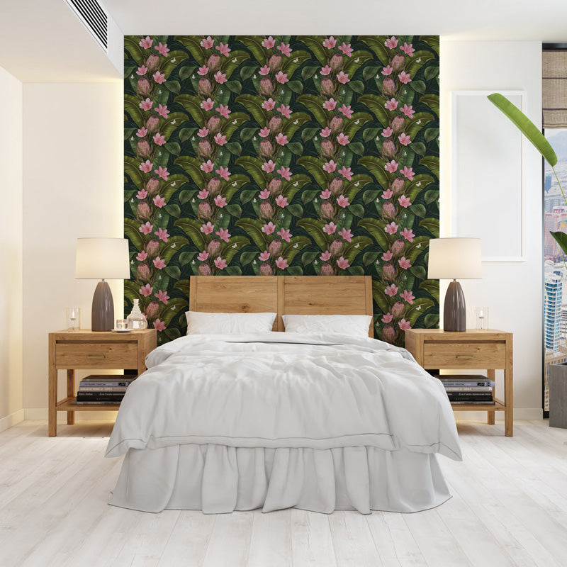 Pink Protea Canopy – Botanical Wallpaper in Green & Blush