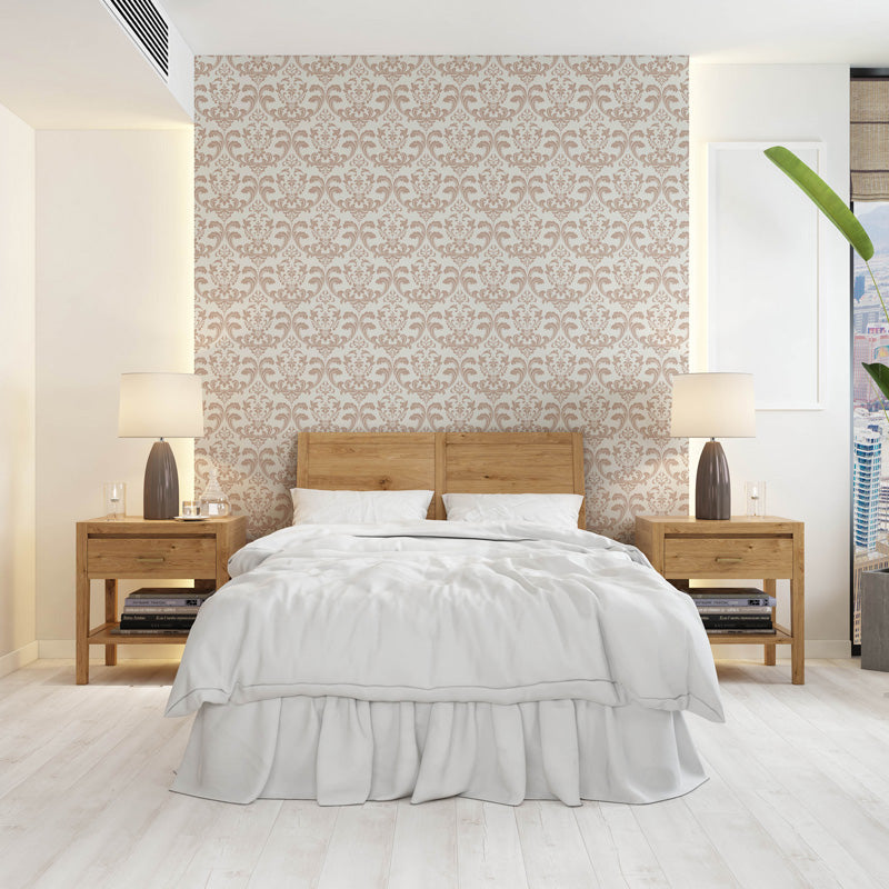 Modern bedroom with wooden bed and nightstands against a classic wallpaper.