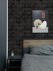 Modern bedroom with geometric wallpaper, wooden headboard, and striped bedding.