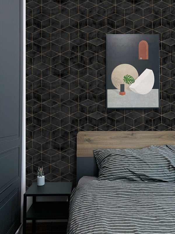 Modern bedroom with geometric wallpaper, wooden headboard, and striped bedding.