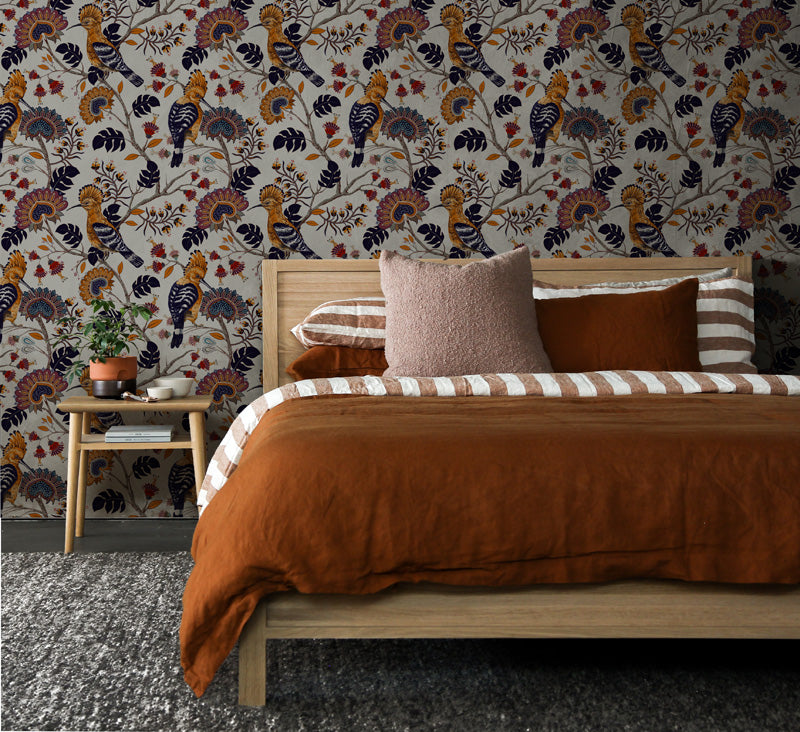 Spicebird Grove – Bird & Floral Wallpaper in Navy & Warm Tones