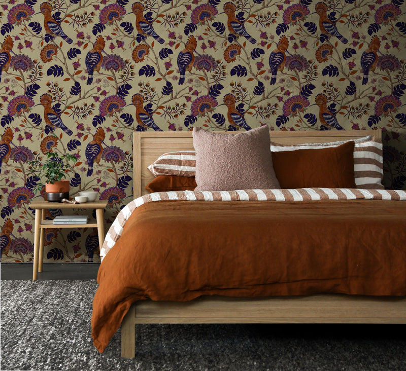Spicebird Grove – Bird & Floral Wallpaper in Navy & Warm Tones